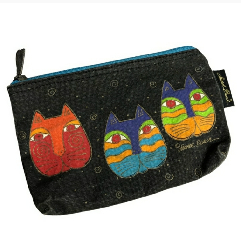 LAUREL BURCH Three Feline Friend Faces Cosmetics Pouch Vintage.